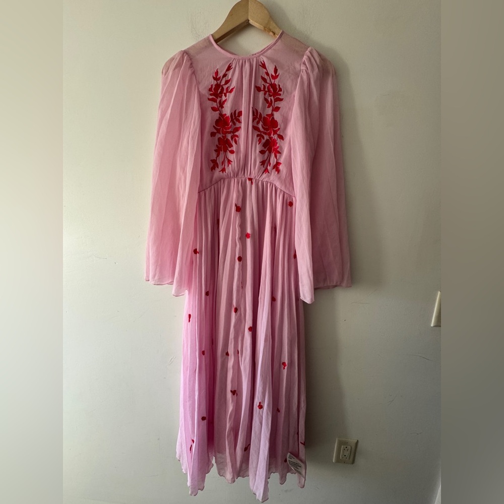 ASOS Design stunning tie back pleated sleeve midi dress pink red embroidery